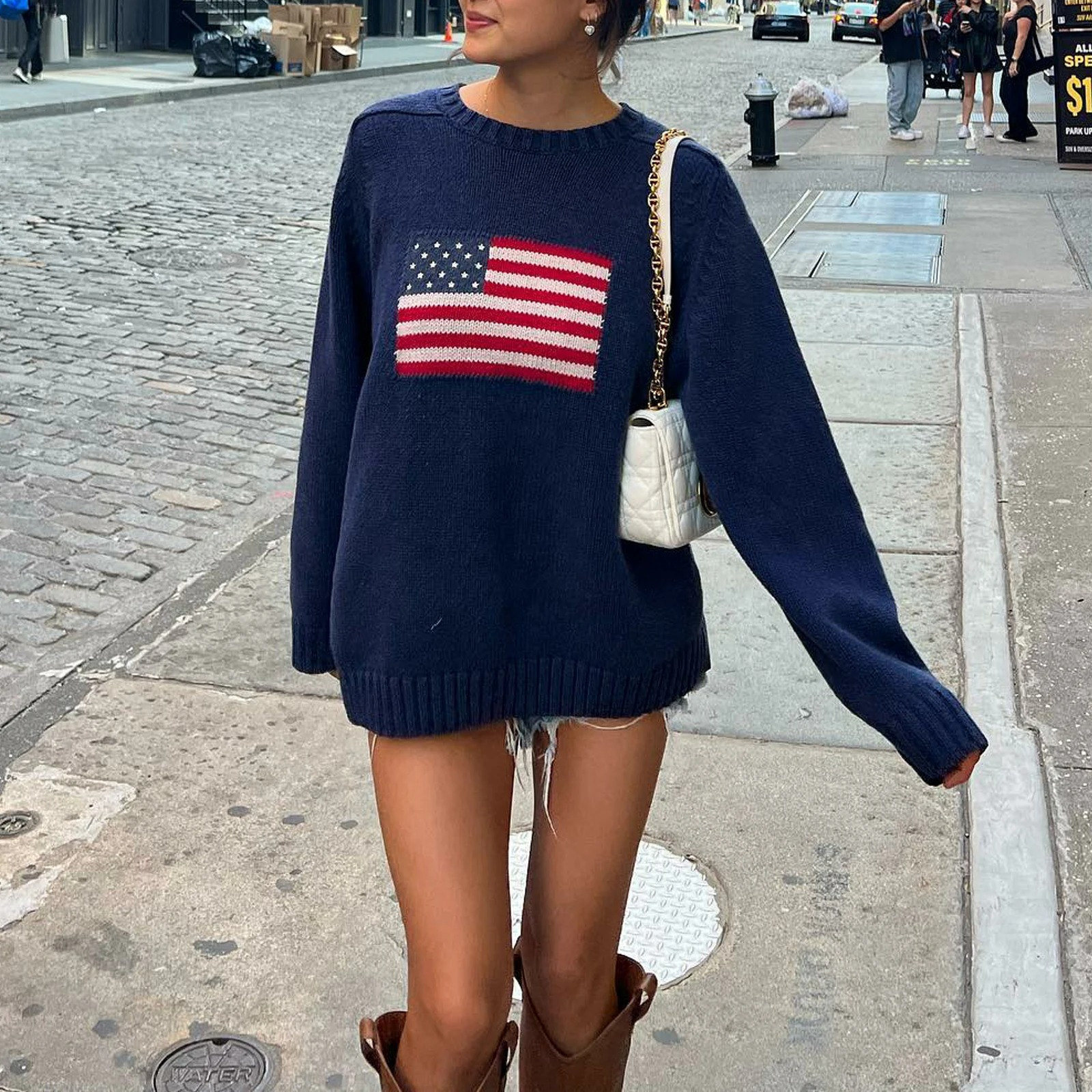 Women's Blue Sweater - Loose Fit with American Flag