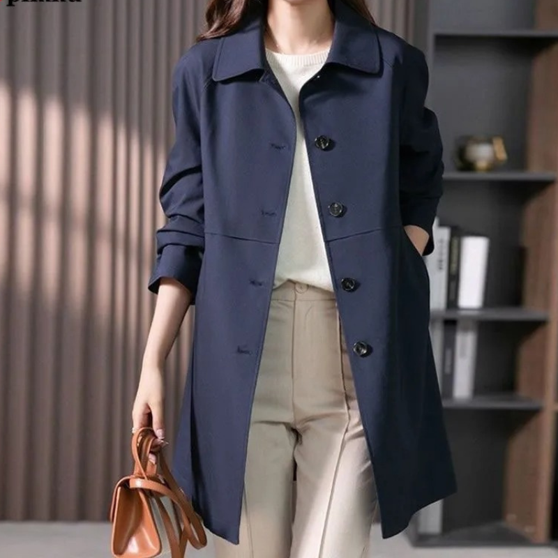Dames Trenchcoat - Lange Mantel met Kraag en Knoppen