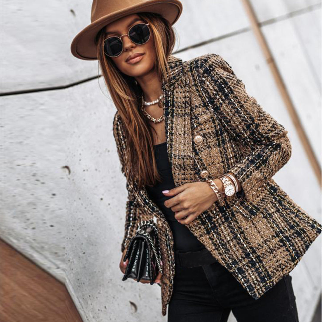 Dames Double-Breasted Blazer - Geruit Patroon