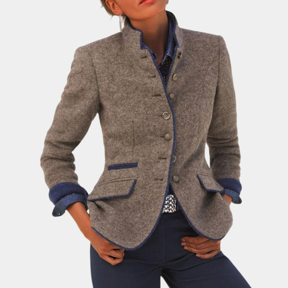 Dames Blazer met Opstaande Kraag - Getailleerd, Bruin