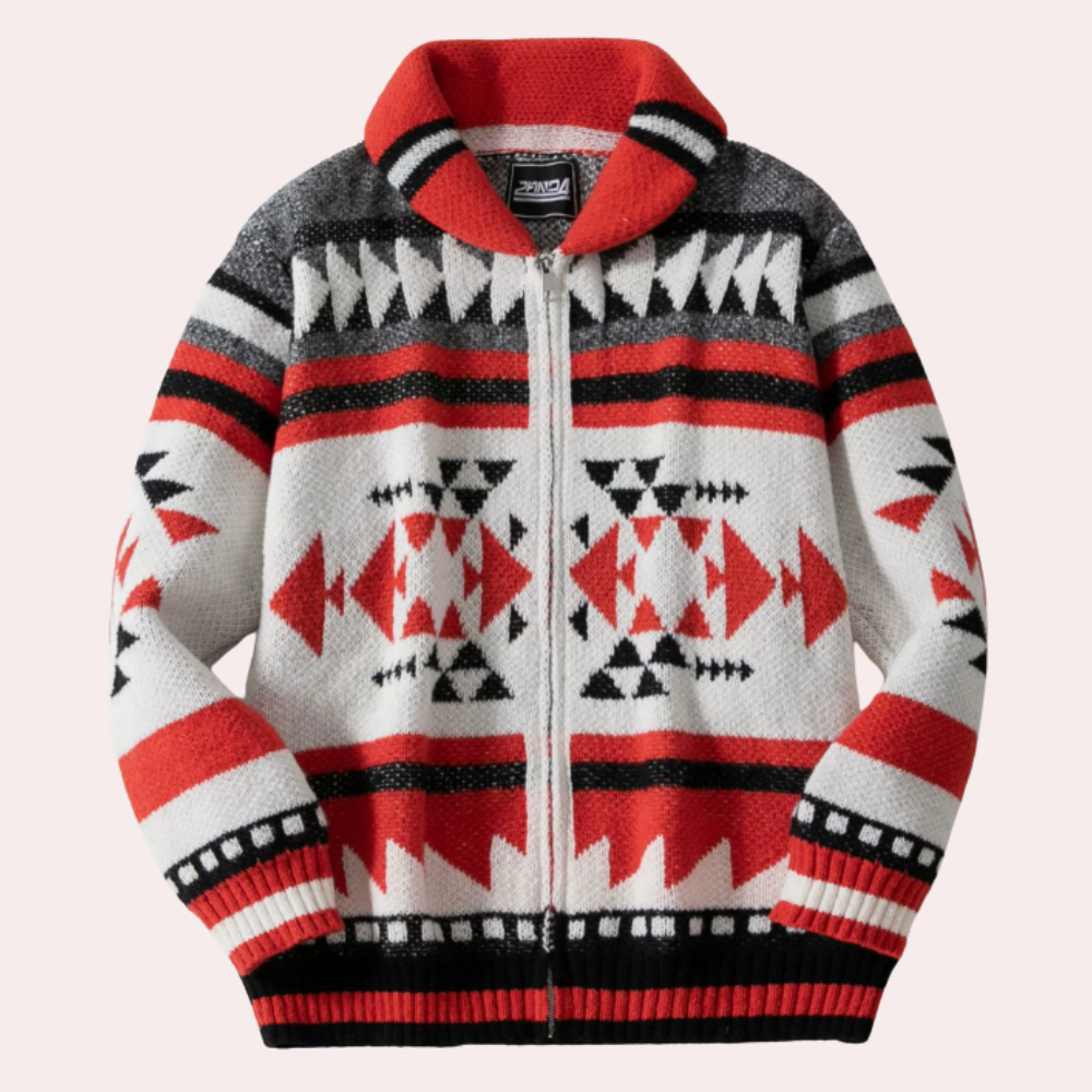 Heren Rood Vest - Gebreide Trui met Geometrisch Patroon en Rits