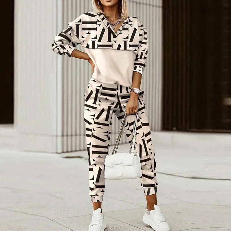 Dames Tweedelige Set - Hoodie met Joggingbroek in Geometrische Print