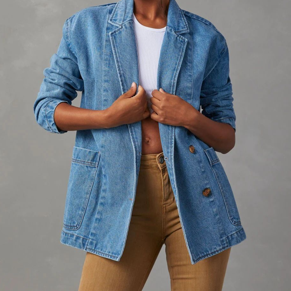 Women's Blue Denim Jacket - Oversized with Buttons