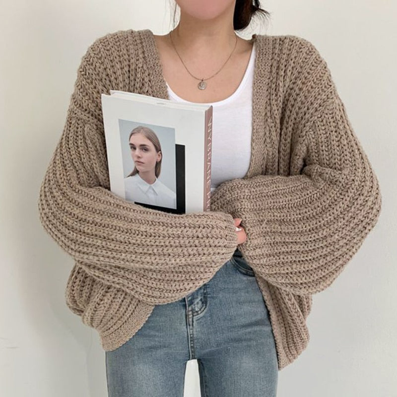 Women's Oversized Knitted Cardigan - Open Front with Wide Sleeves