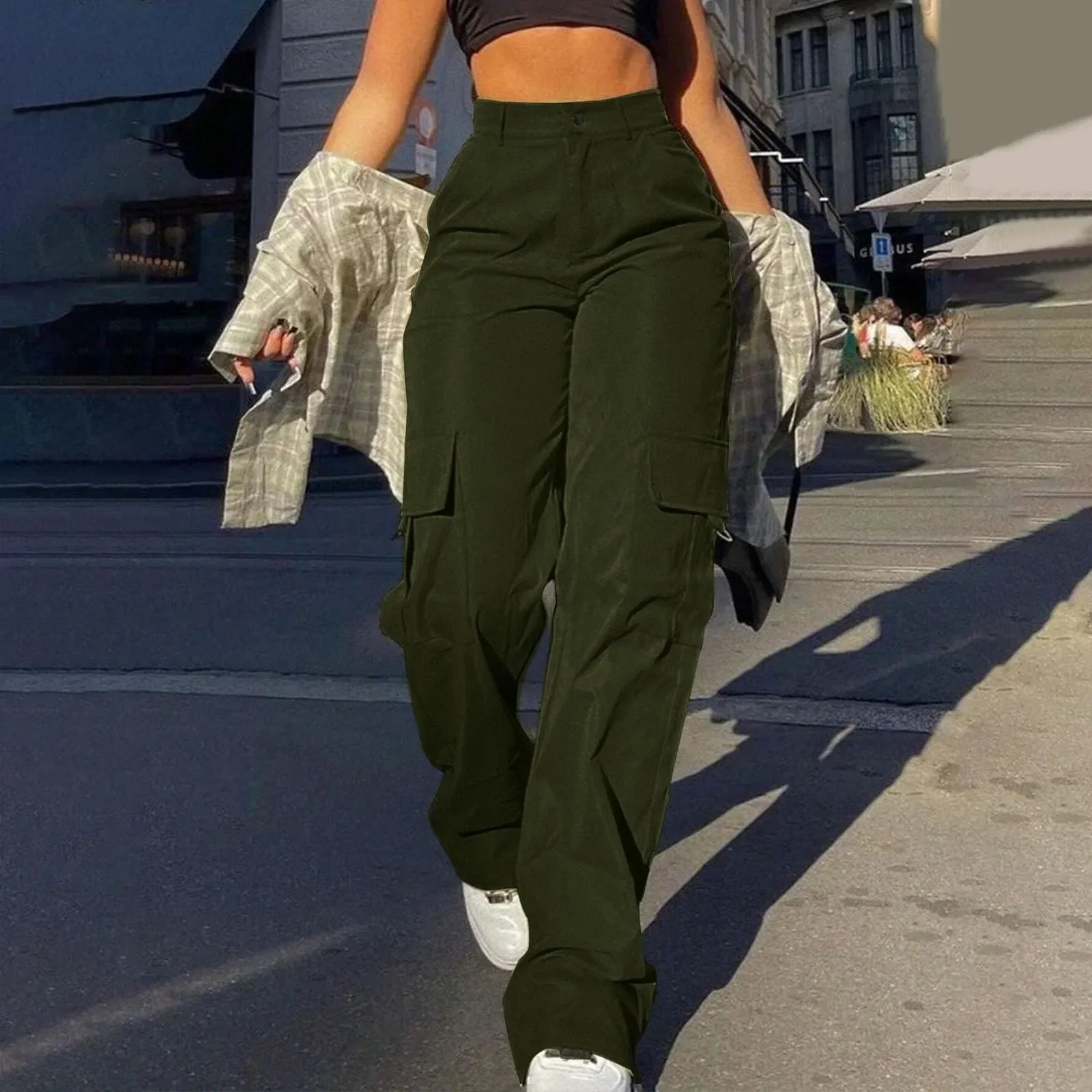 Women's Cargo Pants - Loose Fit with High Waist and Pockets