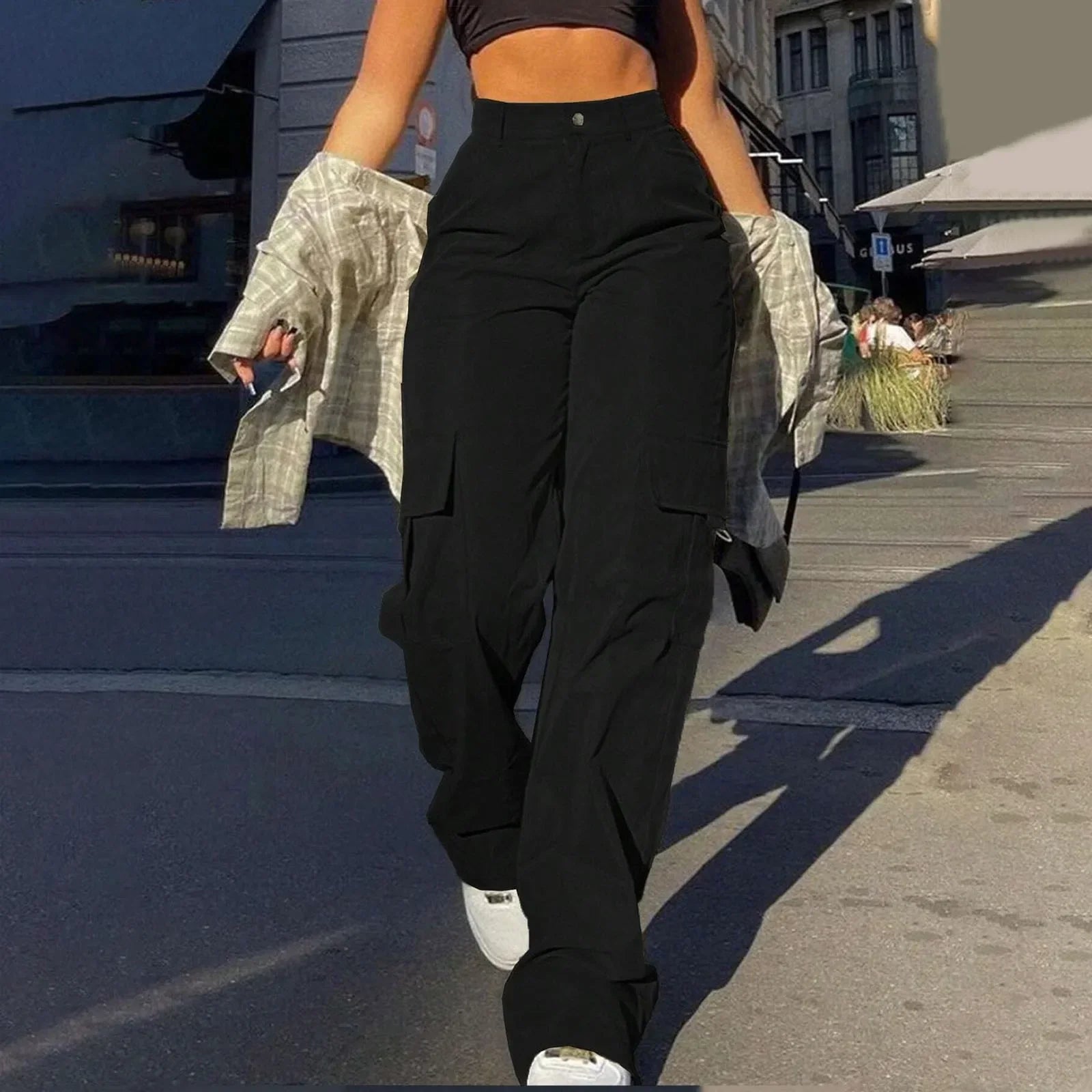 Women's Cargo Pants - Loose Fit with High Waist and Pockets
