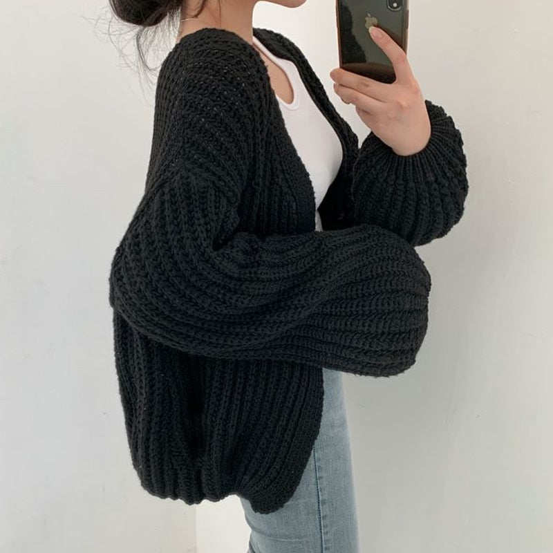 Women's Oversized Knitted Cardigan - Open Front with Wide Sleeves