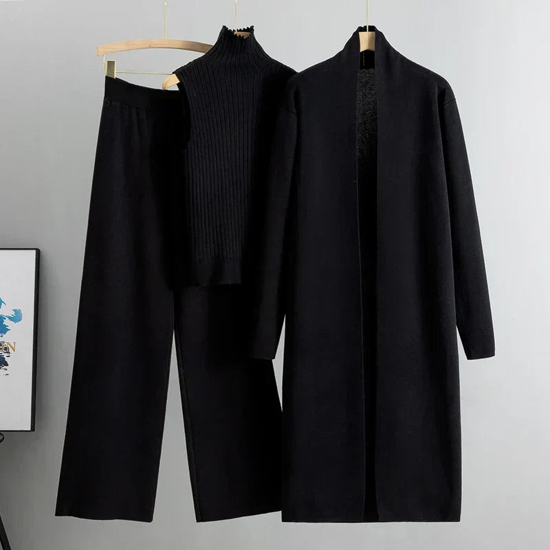 Dames Driedelige Gebreide Set - Gilet, Top en Broek met Ribstructuur