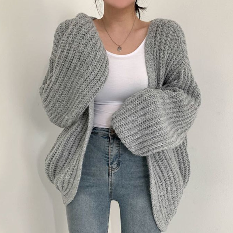 Women's Oversized Knitted Cardigan - Open Front with Wide Sleeves