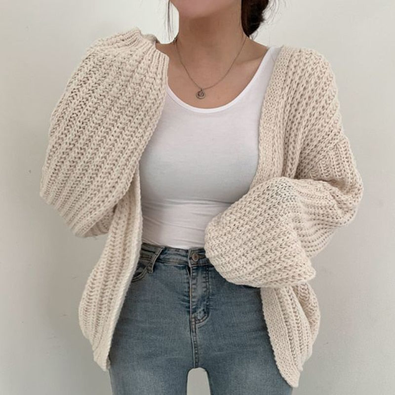Women's Oversized Knitted Cardigan - Open Front with Wide Sleeves