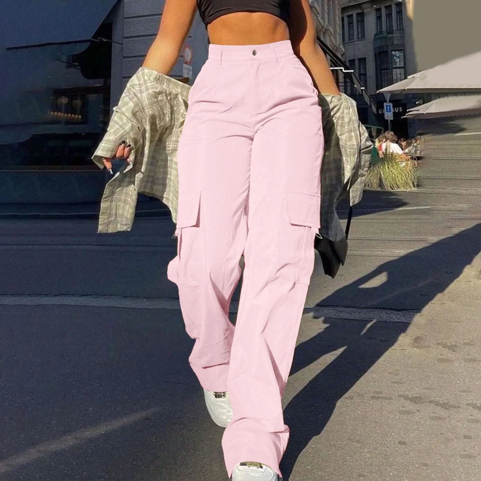 Women's Cargo Pants - Loose Fit with High Waist and Pockets