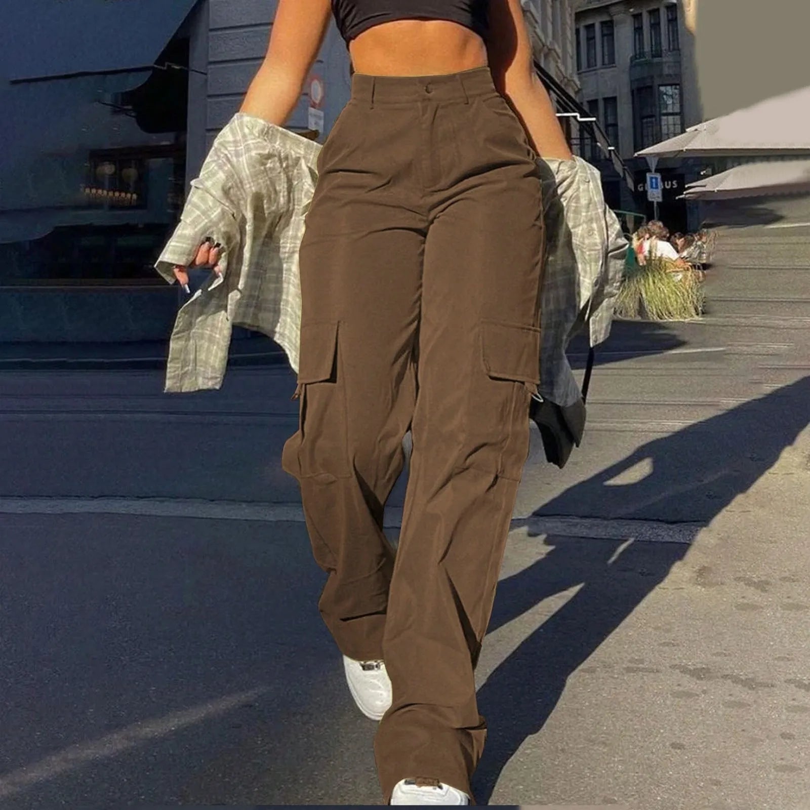 Women's Cargo Pants - Loose Fit with High Waist and Pockets