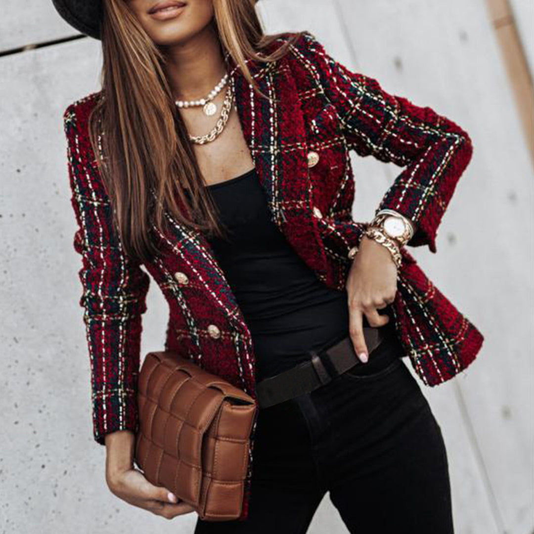 Dames Double-Breasted Blazer - Geruit Patroon